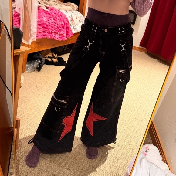 90s Rave Style Current Mood Black Red Baggy Wide leg cargo pants New punk sz S - Picture 14 of 15